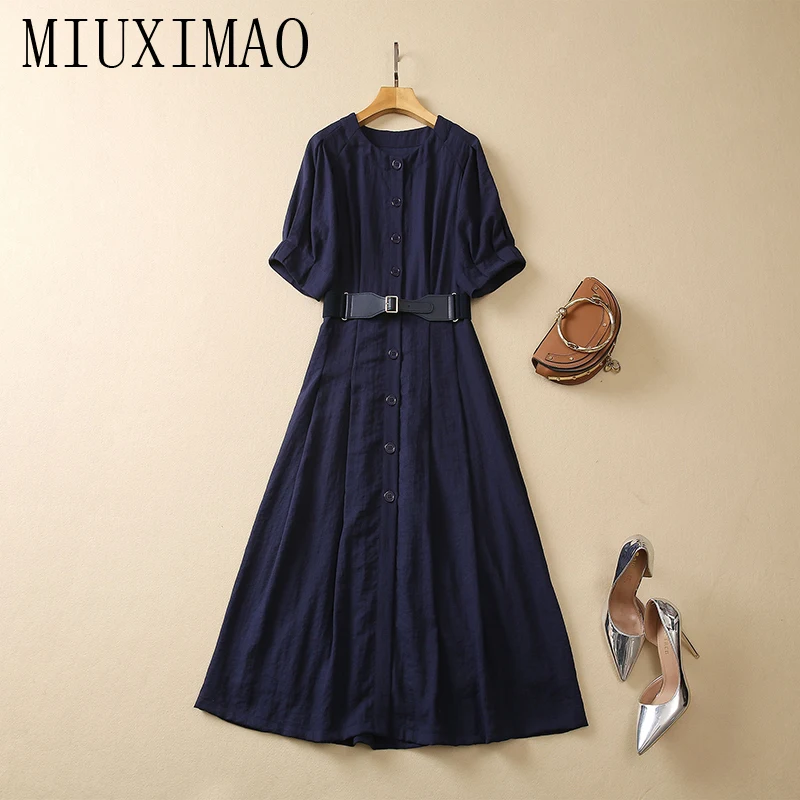 

MIUXIMAO 2023 High Quality Spring&Summer Elegant Dress Short Sleeve O-Neck Solid Single Breaste Fashion Long Dress Women Vestide