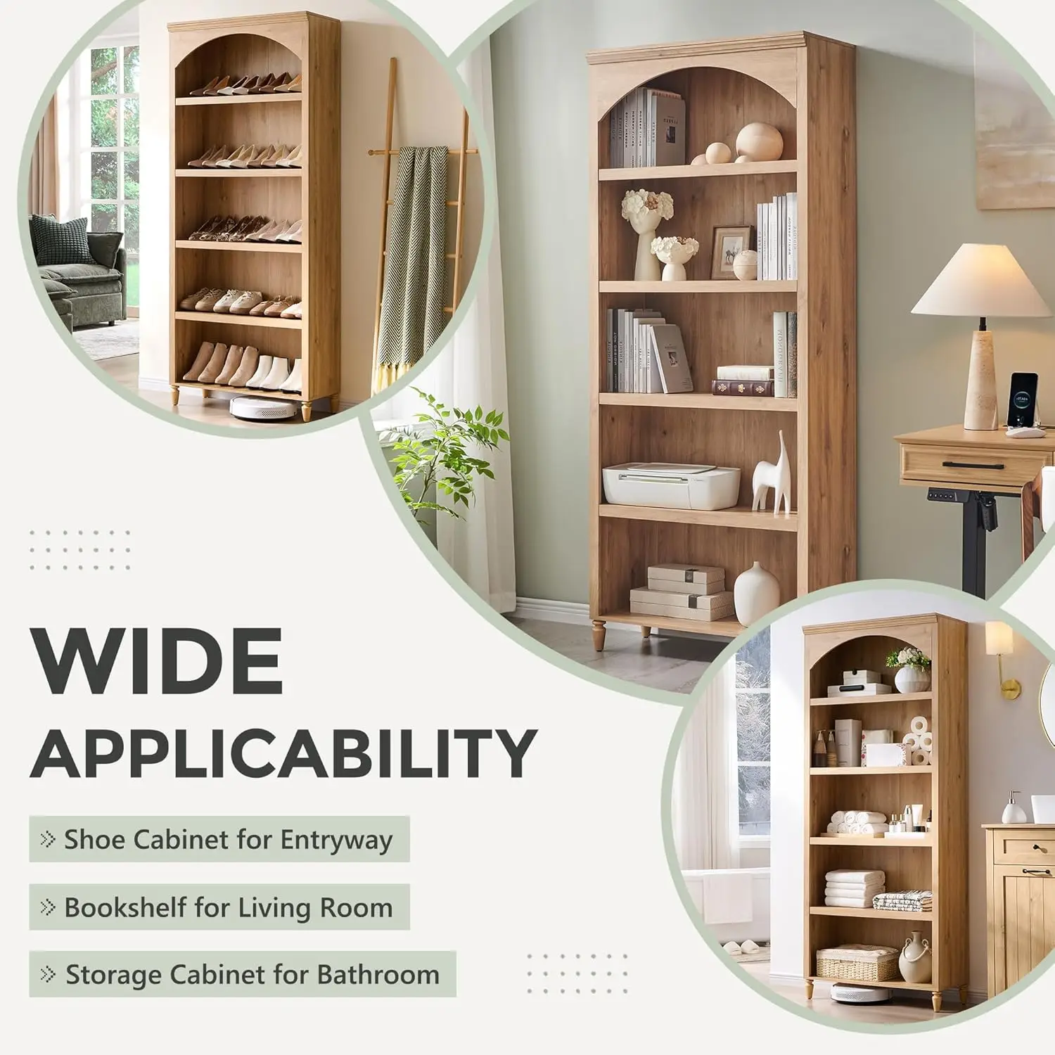 خزانة كتب مقوسة بطول 76 بوصة، خزانة كتب مقوسة كبيرة مكونة من 5 طبقات مع أرفف قابلة للتعديل، كتاب خشبي حديث