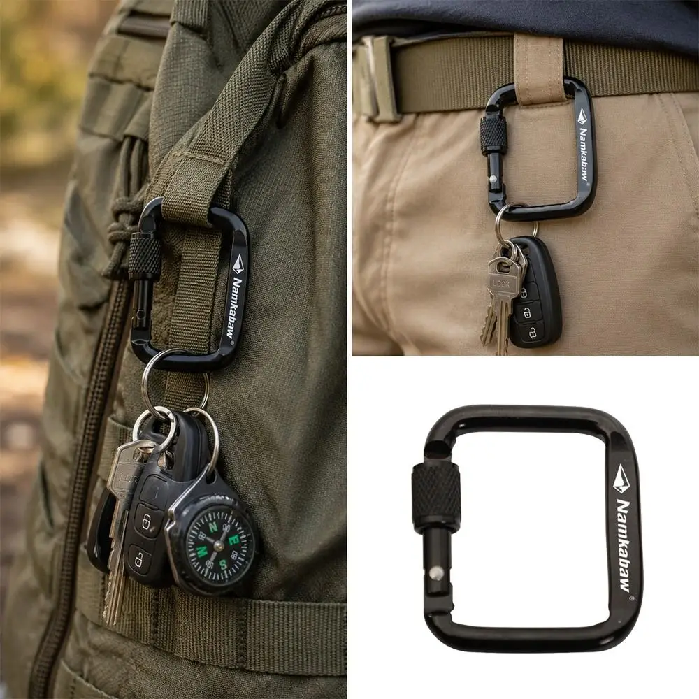 3pcs Durable Square Carabiner Portable Flattened Buckle with Thread Snap Clip Hook Black&Grey Outdoor Camping Hiking Keychain