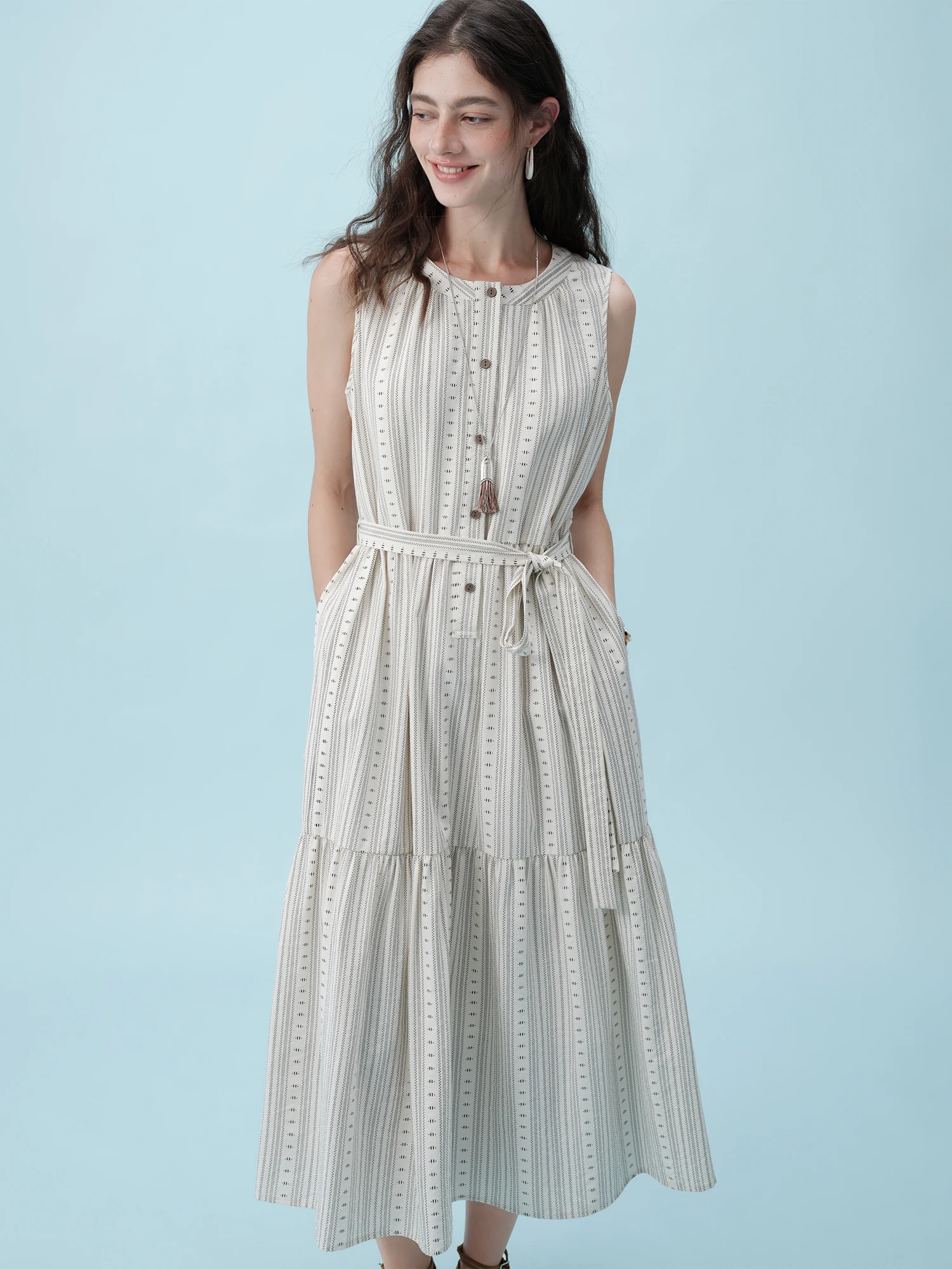 ZIQIAO Petite Bohoสไตล์รีสอร์ทแขนกุด-ผู้หญิงฤดูร้อน 2025 ใหม่มาถึงOคอSlimmingเอวcinching A-Line 25ZQ92270