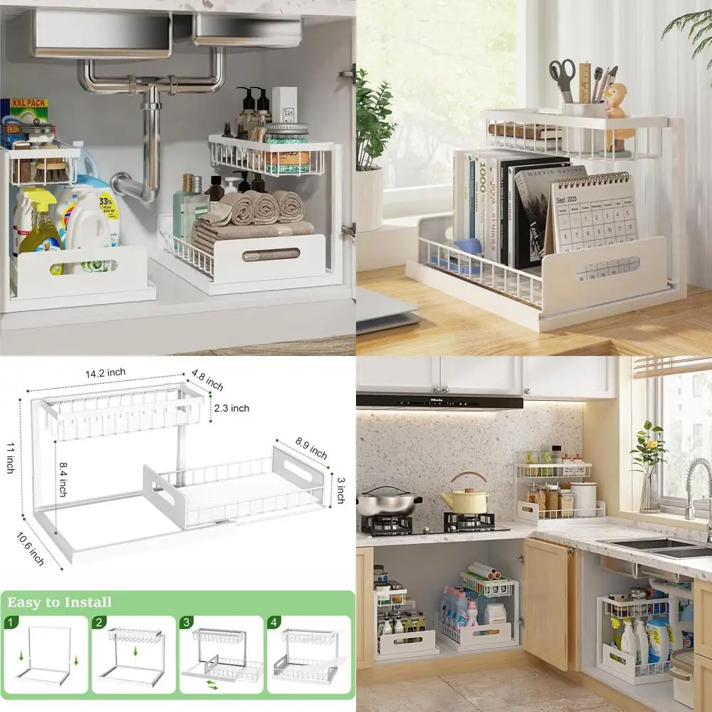 

2-Tier Pull-Out Under-Sink Organizer, White, 2-Pack, Kitchen & Bathroom Storage Solution