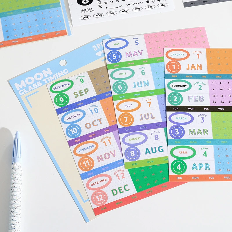 3Sheets Simple Perpetual Calendar Series Waterproof Stickers Month Display Stickers Office Home Decorations Calendars Gifts