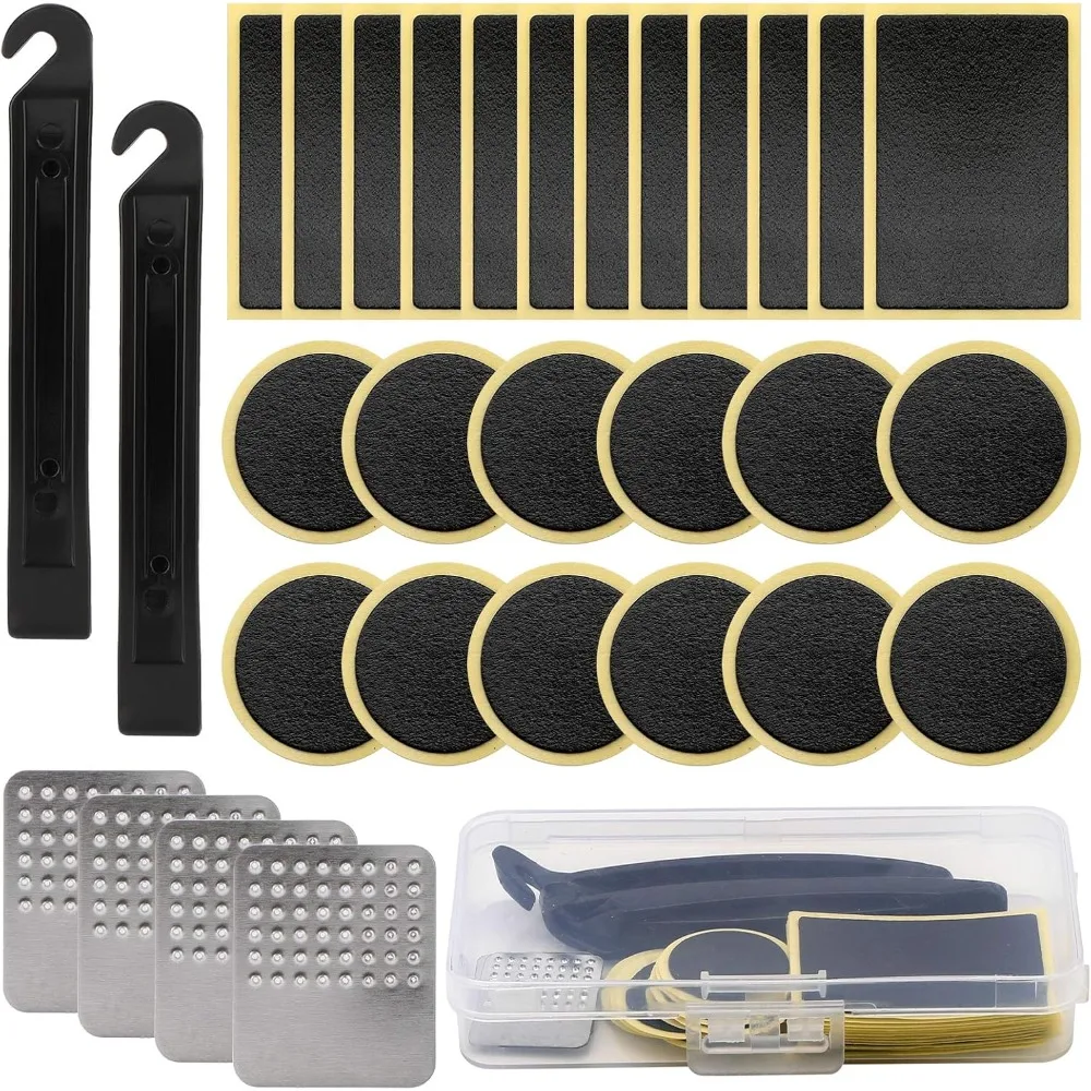30PCS Widely Compatible Glueless Self-Adhesive Bike Tyre Repair Kit Portable Metal Rasps Storage Box for Motorcycle Road Bikes