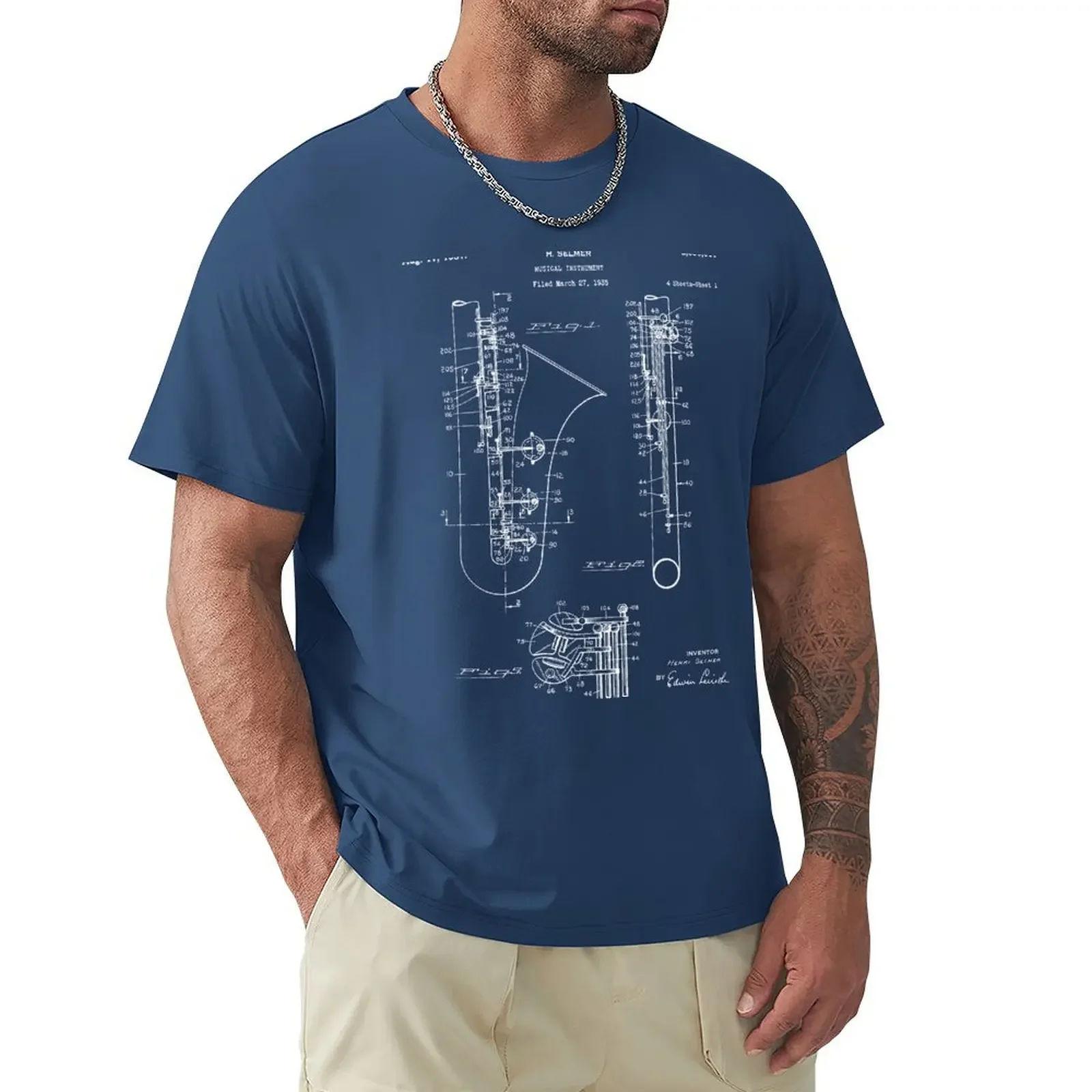 Shirts Graphic Tees Men Clothings Selmer Saxophone Patent - Saxophone Art - Blueprint T-Shirt Men Clothing Graphic Funny Summer image 2