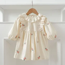 1-6Yrs Kids Dress Autumn Girls Dresses Long Sleeve Toddler Floral Embroidered Princess Dress Children Party Baby Clothing Retro