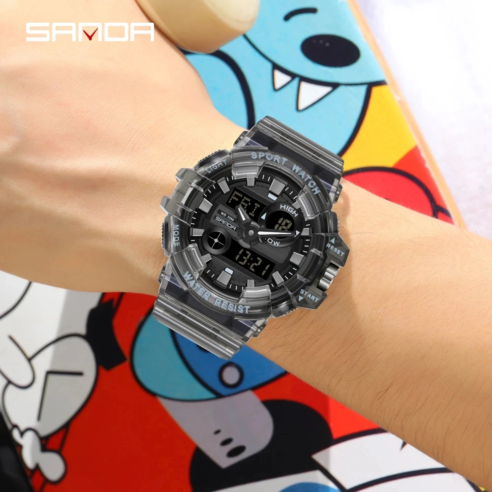 SANDA NEW Fashion Transparent Sport Mens Watch Casual Military Quartz Wristwatch Waterproof Student Clock relogio masculino 3100