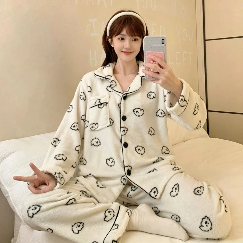 Korean Style Cartoon Dog Print Women Pajamas Set Autumn Winter Thick Warm Flannel Fleece Loungewear Suit Sweet Cute Home Wear
