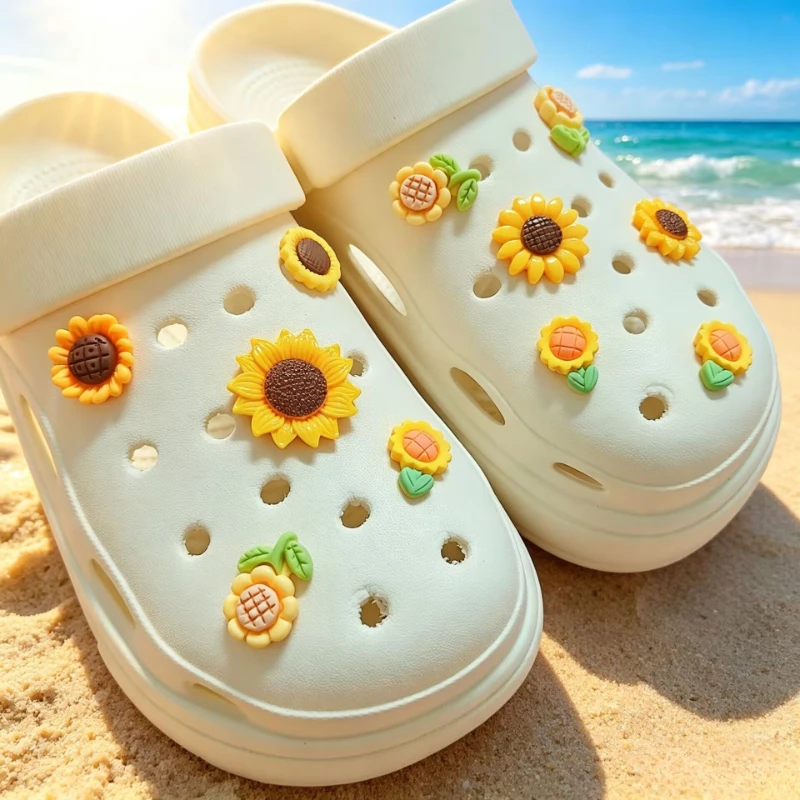 11pcs Cute Casual Shoe Buckle DIY Decorations Sunflower White Flower Pearl for Shoes with Holes And Sandals