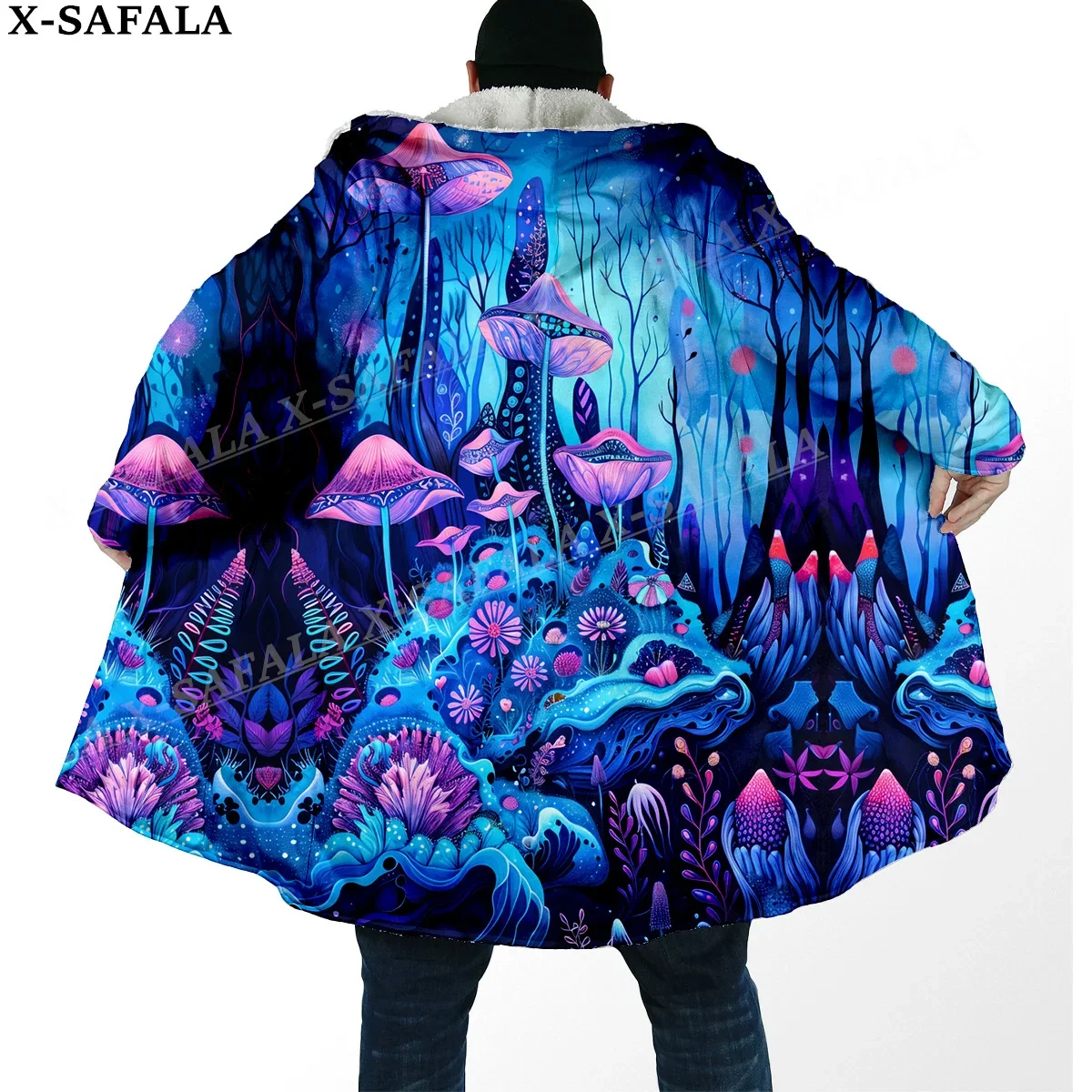 Trippy Psychedelic Mushroom Fungus Thick Warm Hooded Cloak Men Overcoat Coat Windproof Fleece Cape Robe Hooded Blanket-4