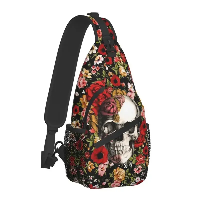 Bloom Floral Skull With Roses Daisies Sling Crossbody Chest Bag Men Fashion Sugar Skull Shoulder Backpack for Traveling