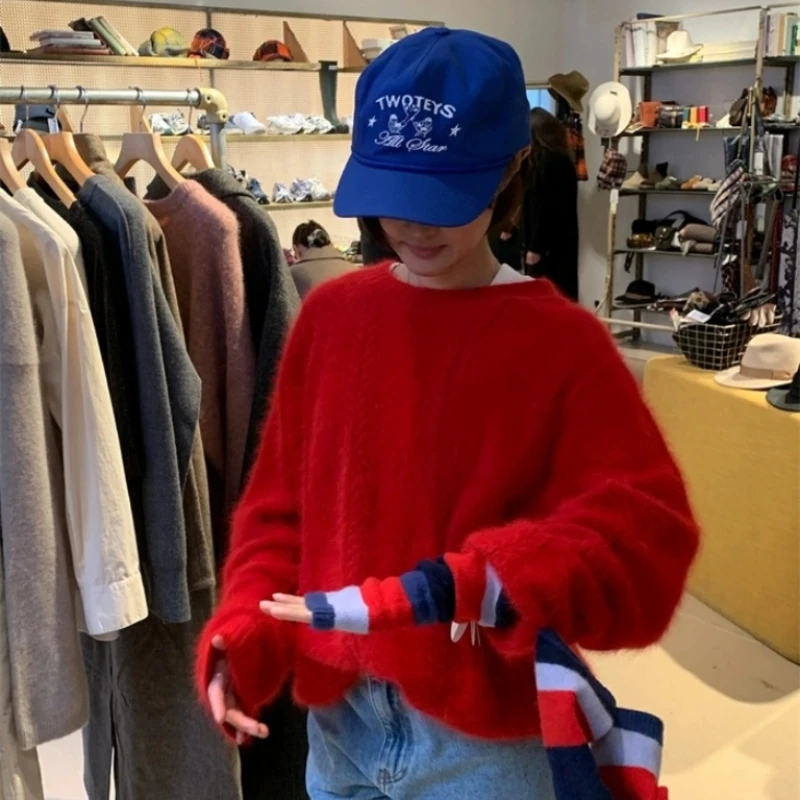 

Новый красный вязаный свитер Cisas на Новый год 2025, зимняя коллекция Dongdaemun, корейский стиль, свободный крой, из кроличьего плюша.