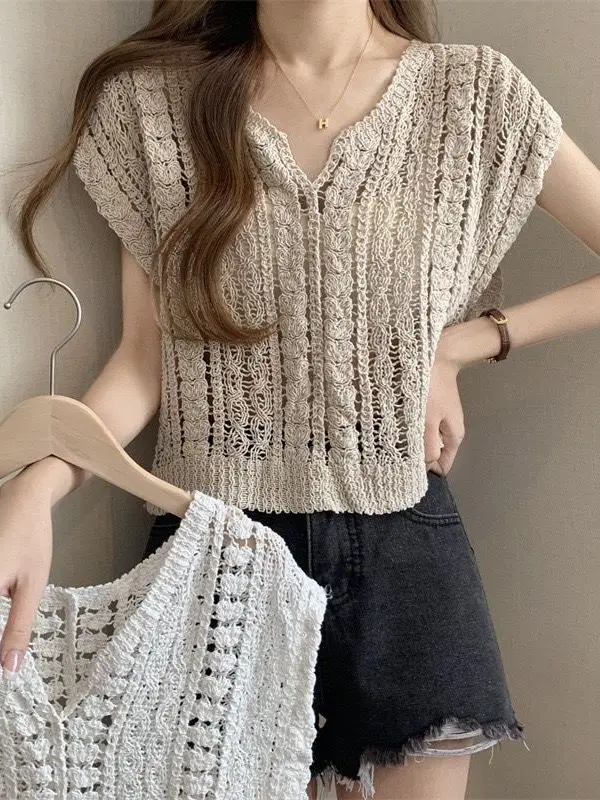 

Hollow out Knitted Vest Summer New Sle Trendy Design Svel V-ne Women's Outerwear Sweet Korean Sle Top Ins Lace irt