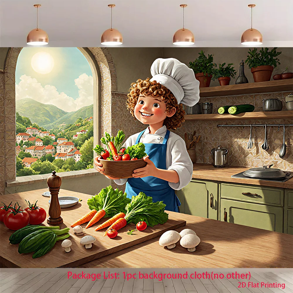 Chef Boy Kitchen Tapestry, Cooking Vegetable Wall Hanging, Cartoon Foodie Decor for Dining Room Cafe Home Art