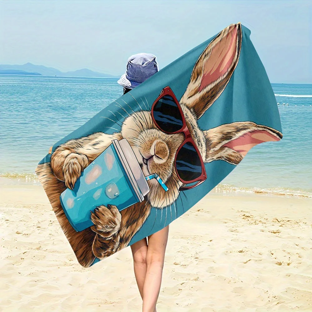 1pc 2D Flat Cool Fashion Glasses Rabbit Print Beach Towel Soft Strong Water Absorption Multipurpose Towel For Beach Vacation Poo