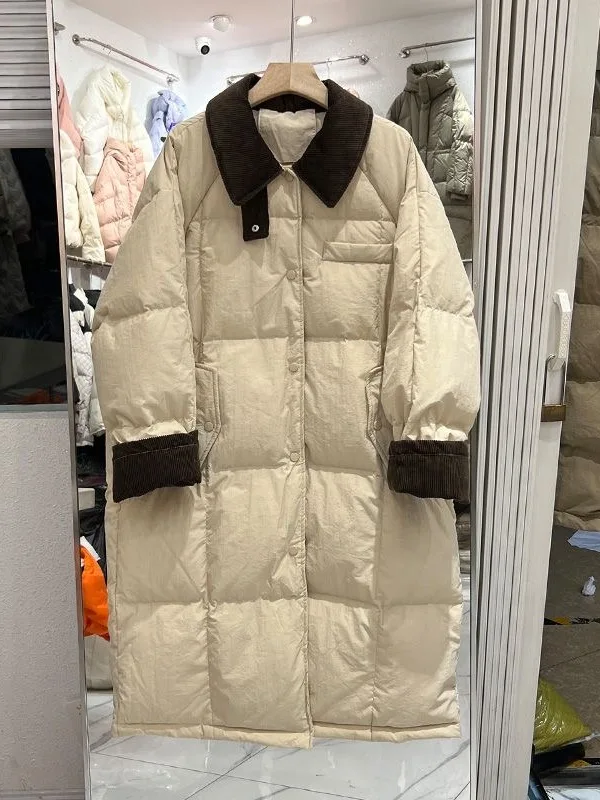 

Зимняя верхняя одежда, свободное теплое лоскутное длинное хлопковое длинное вельветовое пальто с дизайном Sense Ins для женщин, для поездок на работу