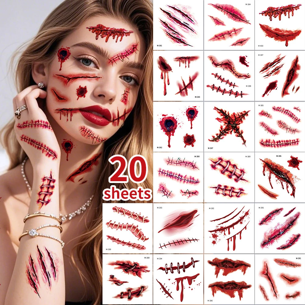 12-24 Sheets Halloween Realistic 3D Temporary Tattoos Bloody Fake Wound Stitch Scabs Scary Horror Tattoos with Easy Application