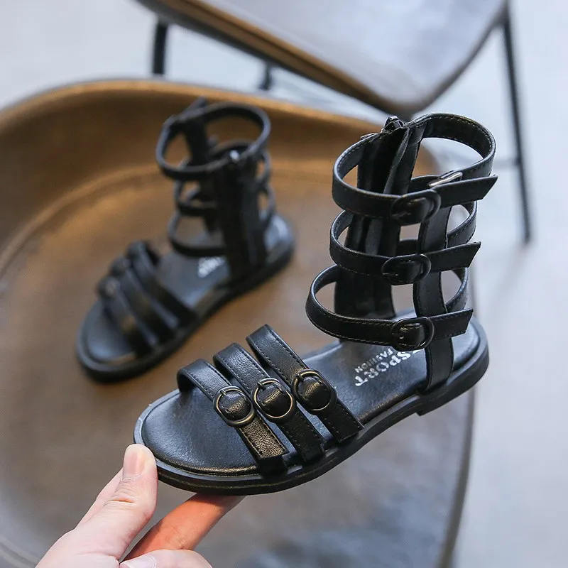 

Girls Gladiator Sandals Fashion Kids Hollow High-top Shoes Buckle Children Catwalk Leather Sandals Simple Peep Toe Size 26-36