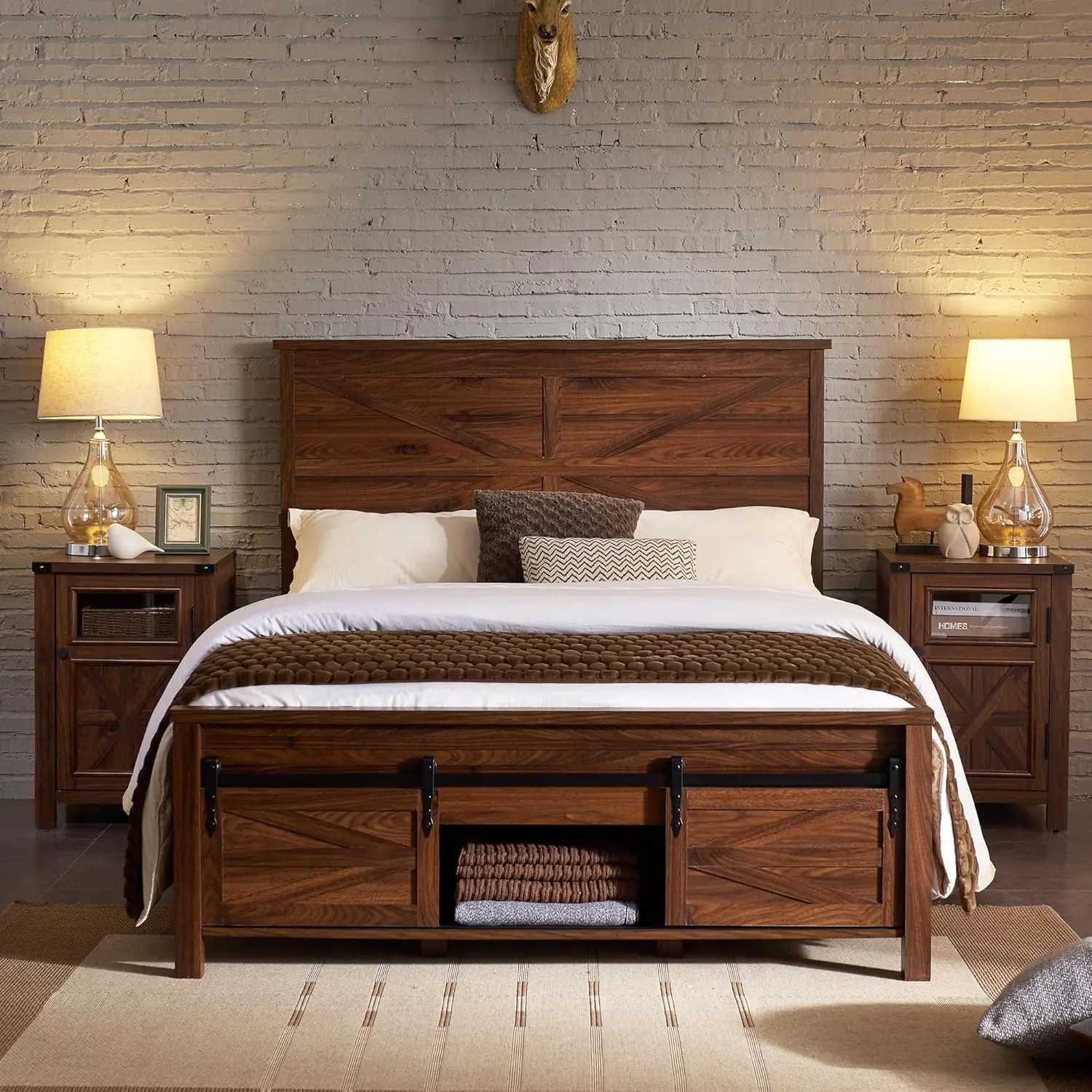 Jxqtlingmu Farmhouse Wood Bed Frame Full Size With Sliding Barn Door Storage Cabinets And Headboard, Solid Wood Slats Support,