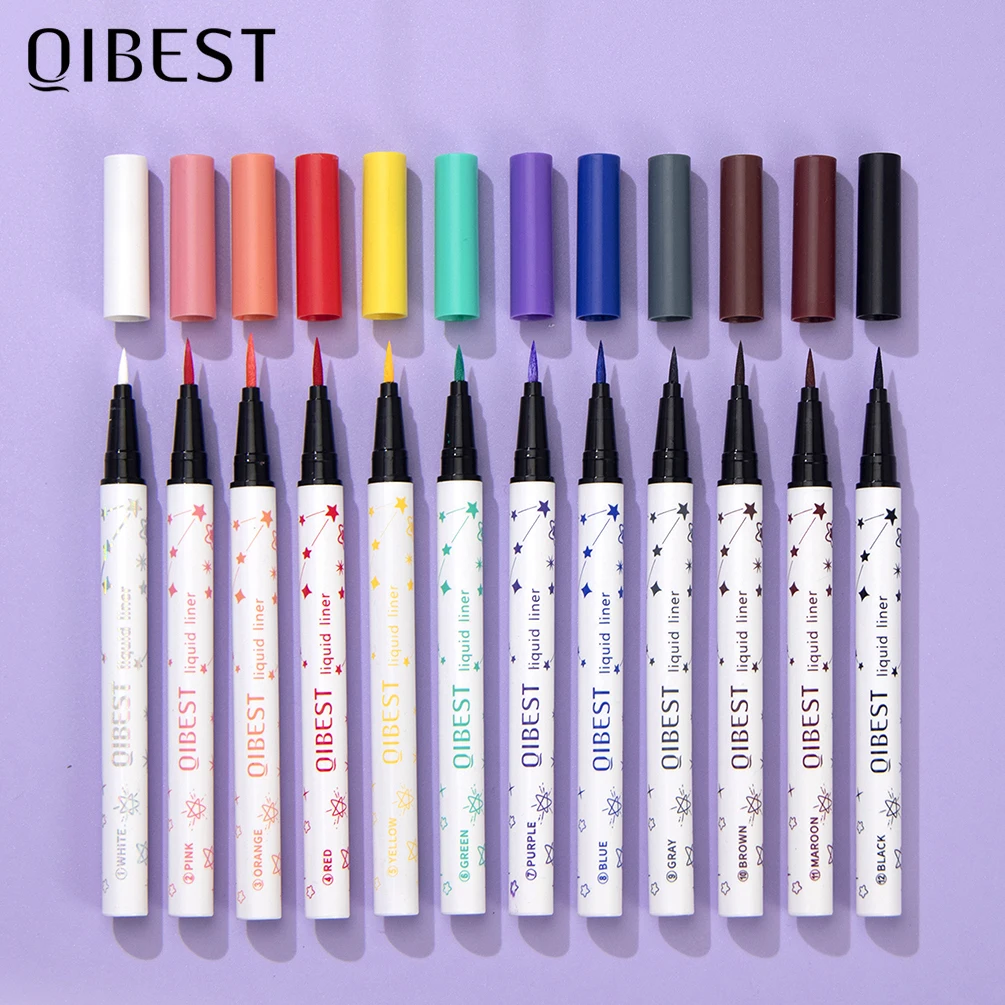 QIBEST-delineador de ojos líquido, lápiz de larga duración, resistente al agua, de secado rápido, sin cosméticos florecientes, 12 colores