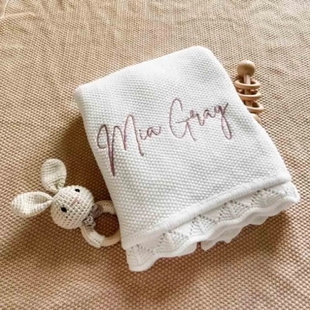 Personalized Knitted Blanket Embroidered Name Baby Boy Girl Soft Blanket Baby Shower Breathable Stroller Blanket Birthday Gift
