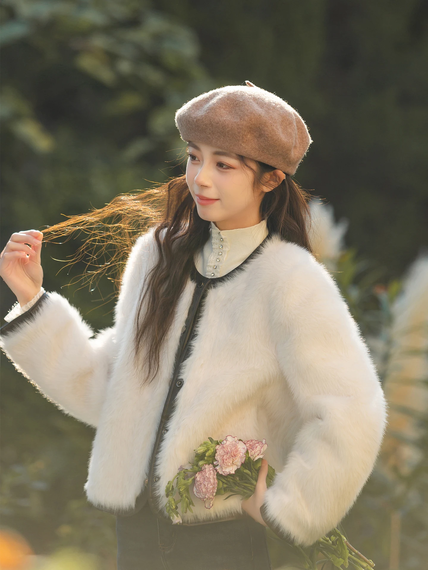 

Thiened ort Fur Coat Women's Winter Warm Pure Color Left Bank Eco-friendly Leatherette Jaet Fem Upper Apparel