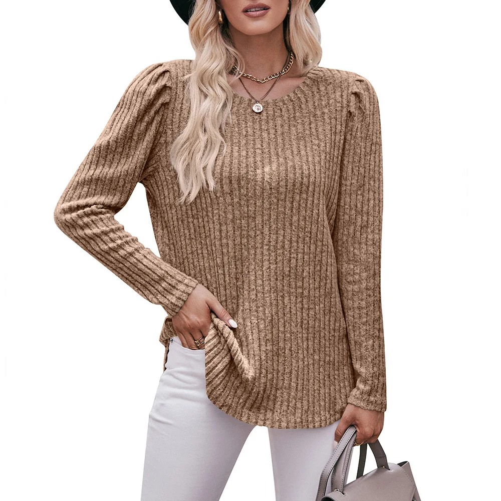 Women's Top With Sleeves Spring Autumn New Female Round Neck Bubble Sleeves Brushed Grooves Solid Color Top Long Sleeved T-shirt