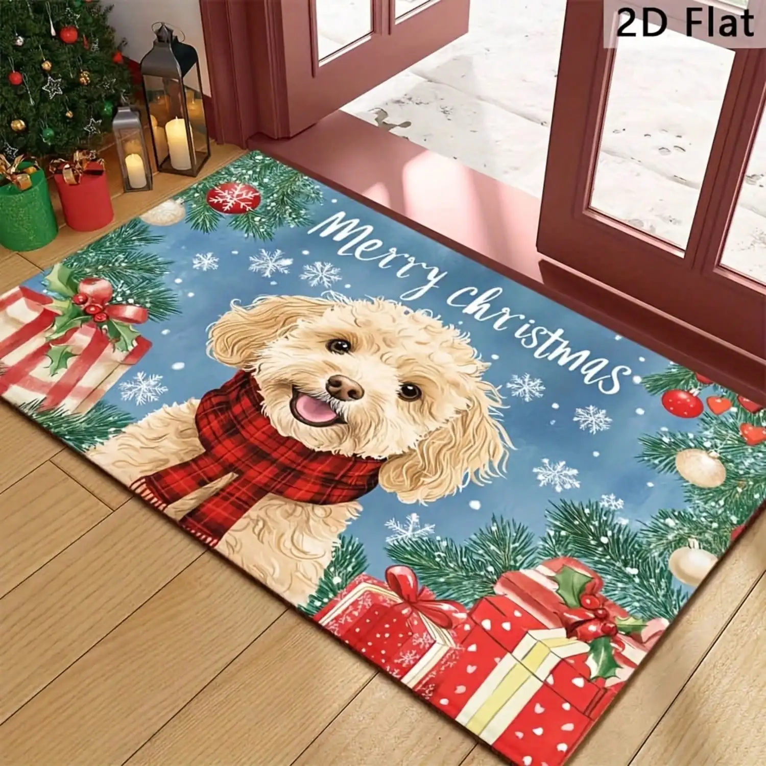 1pc, Merry Christmas! Adorable Dog Welcome Doormat Featuring Christmas Gift Box Design Christmas Atmosphere Theme Decorative Floor Mat Non-Slip Machine Washable