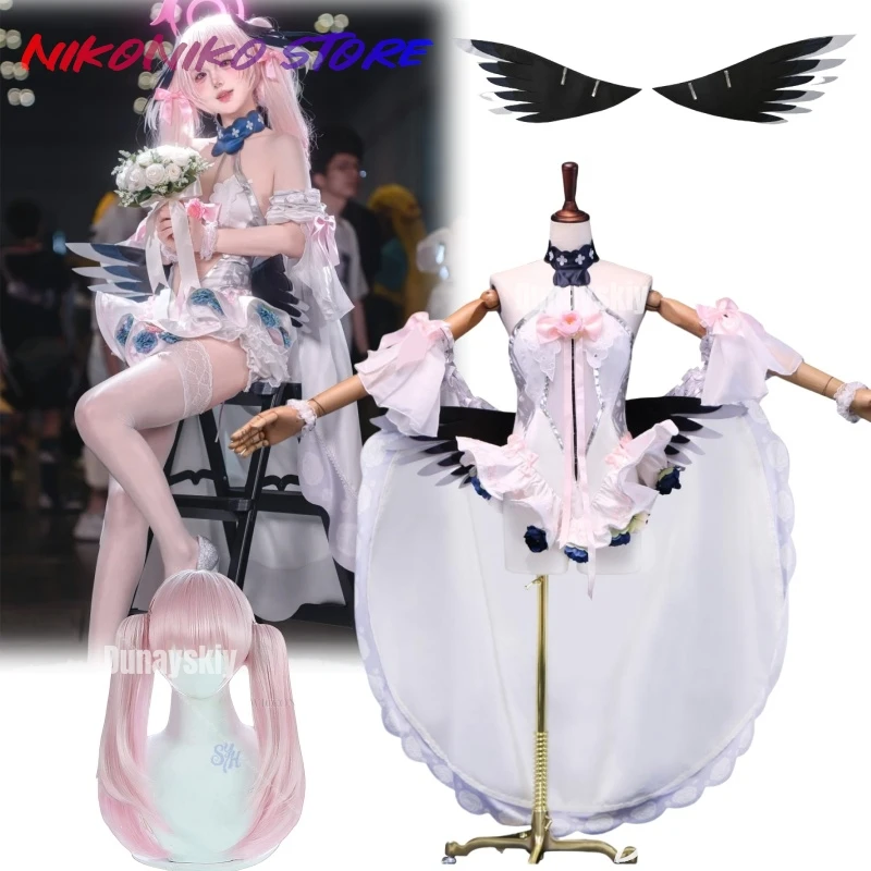 

Anime Koharu Shimoe Game Blue Archive Cosplay Costume Sexy Light Pink Wedding Dress Kawaii Sweet Lolita Wings Angle Halloween