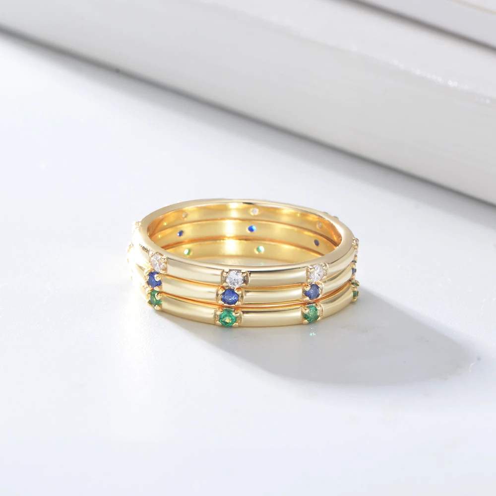 Simple Ring Set Gold Plated 925 Sterling Silver Pave Setting Different Color Stone Jewelry