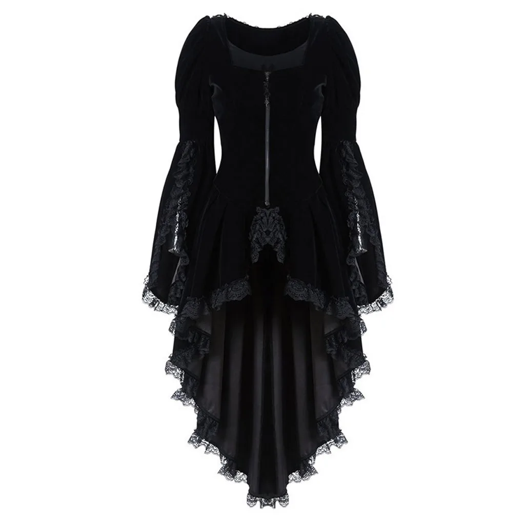 Women Gothic Dress Long Sleeve Cross Irregular Velvet Dresses Lace Hem Medieval Ladies Witch Dress Lolita Cosplay Costume