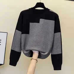 2024 Autumn Winter New Pullover O-Neck Women's Patchwork Contrast Color Loose and Fashion Versatile Long Sleeved Knitted Tops