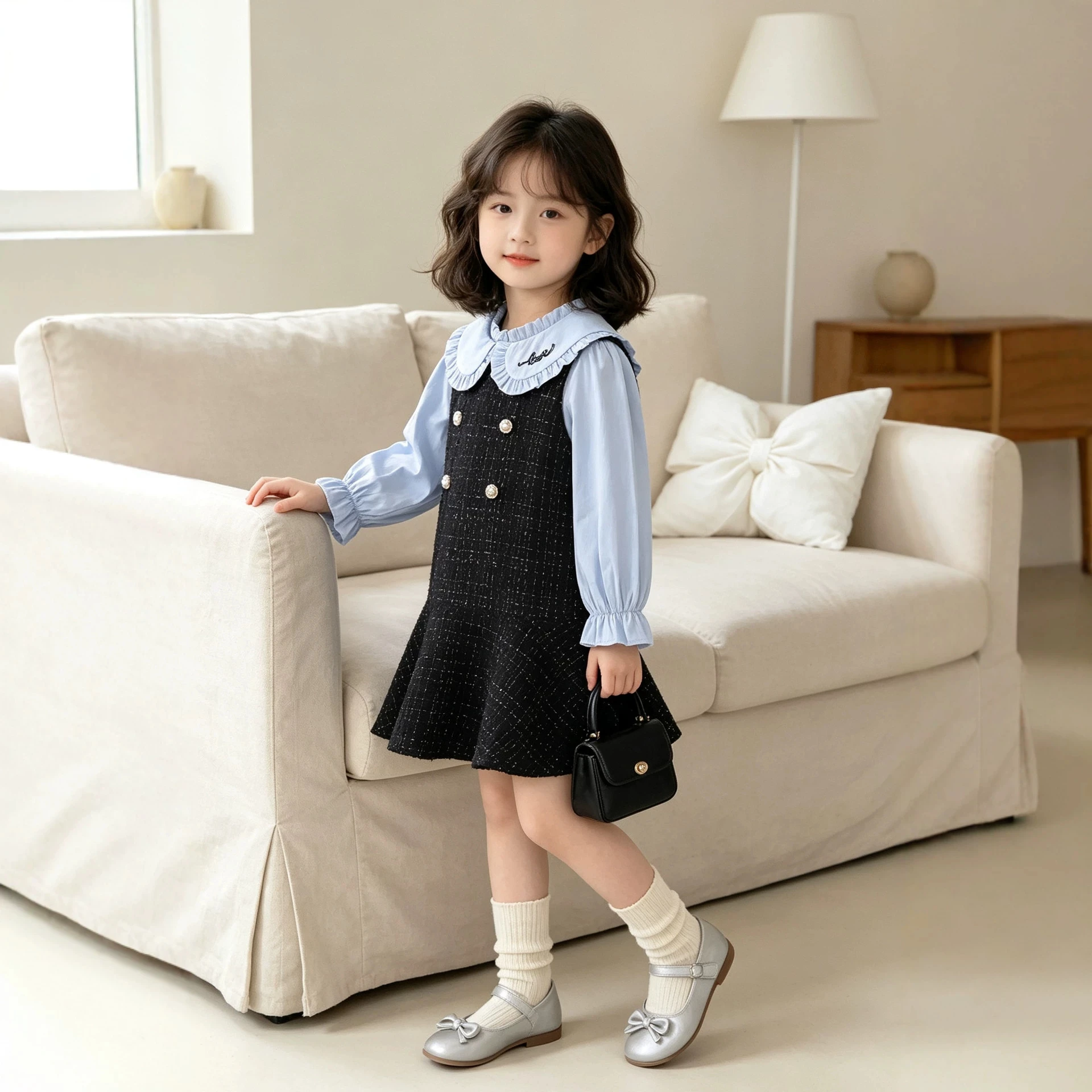 Girl Autumn Dress Outfit Fashionable Children's Blue Shirt+Luxurious tank top Dress for 2-8Years Cute Girl Holiday Party Costume