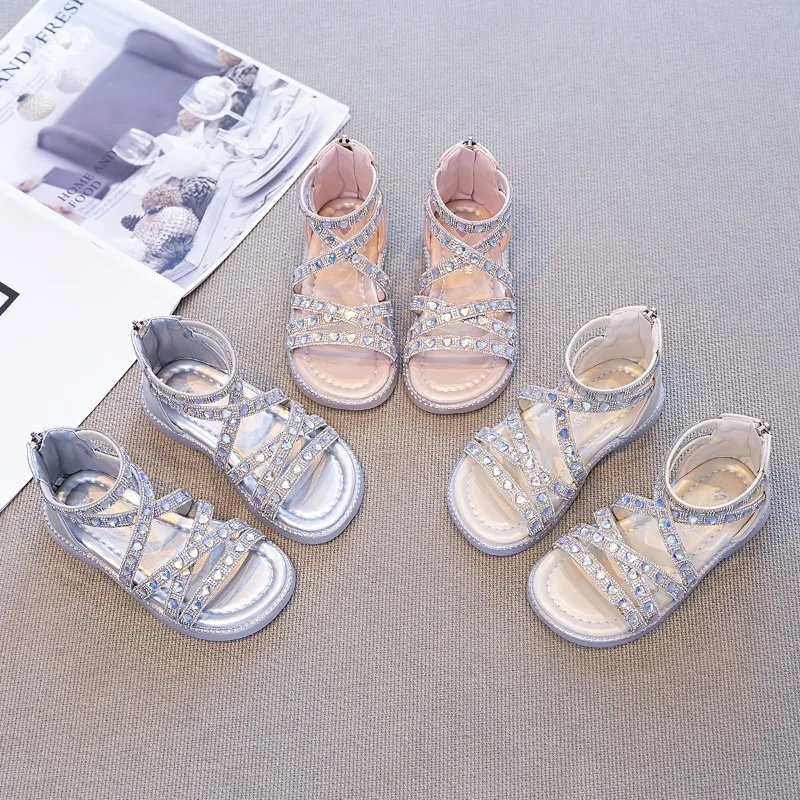 

Girls Silver Rhinestone Gladiator Sandals Open Toe Strappy Summer Shoes for Kids Soft Crystal Dress Sandals Children's Shoes
