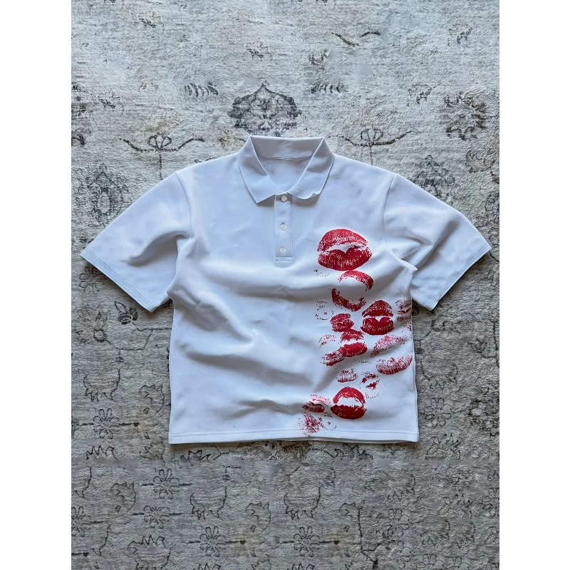 Kiss Red Pattern Polo Shirt Men's Polo Y2K Polo Shirt American Trend Street Unisex T-shirt Summer New Style