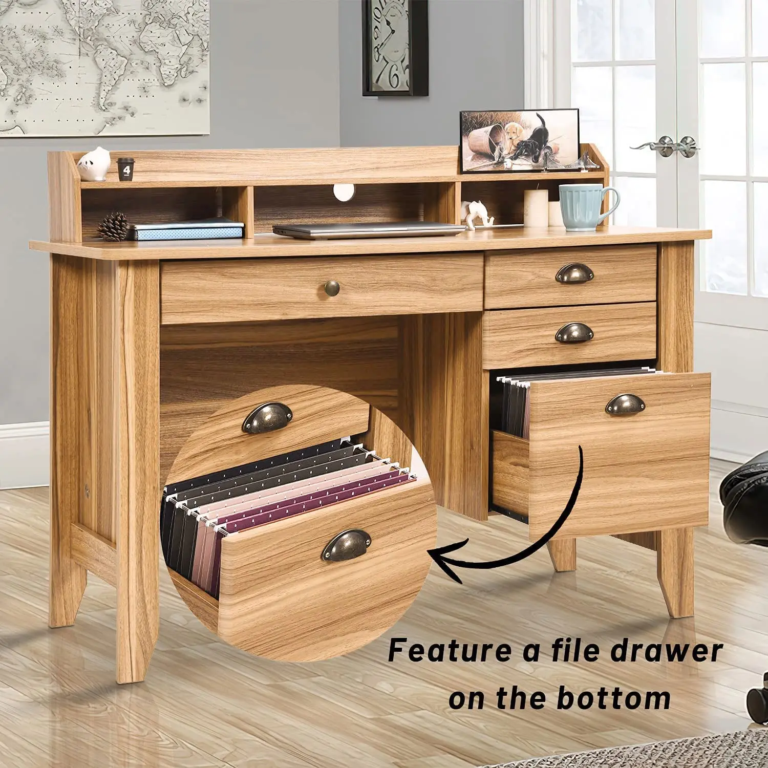 Farmhouse Computer Desk with Hutch & File Drawer, Small Writing Table for Bedroom Office, Rustic Oak, Customized