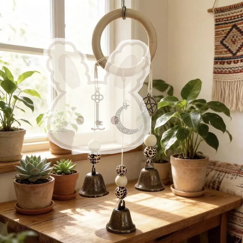 Bohemian Hanging Decor Wind Chime Natural Wooden Hoop Vintage Metal Bells for Yard Garden Housewarming Gift