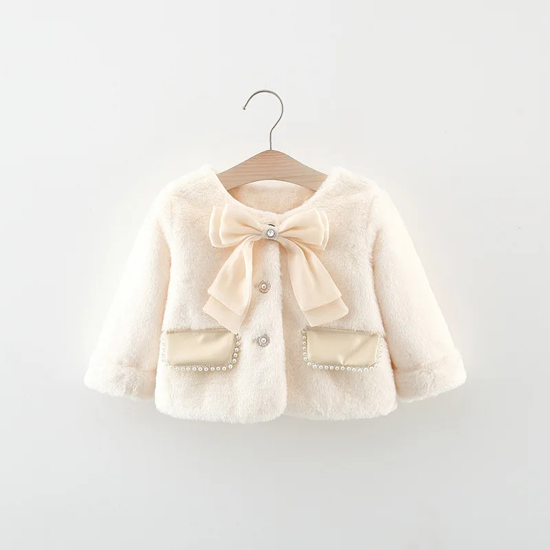 Autumn winter newborn baby girls pearl bow fake fur velvet outerwear coats for infant girls clothing 1st birthday jackets coats