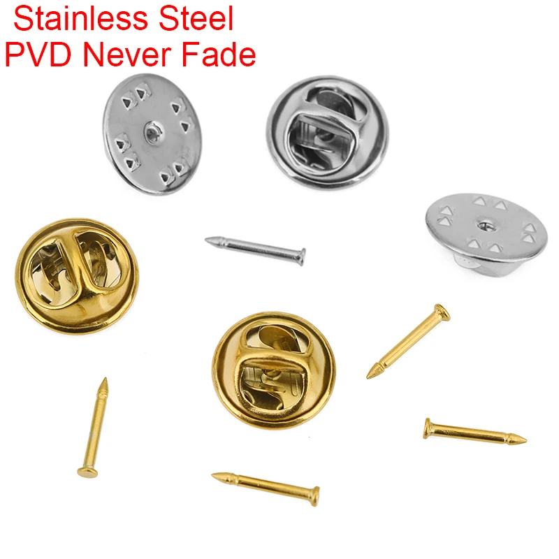 10sets PVD Never Fade Stainless Steel Brooch Pins Locking Lapel Badge Holder Nail Tie Tack Back Supplies For DIY Jewelry Making