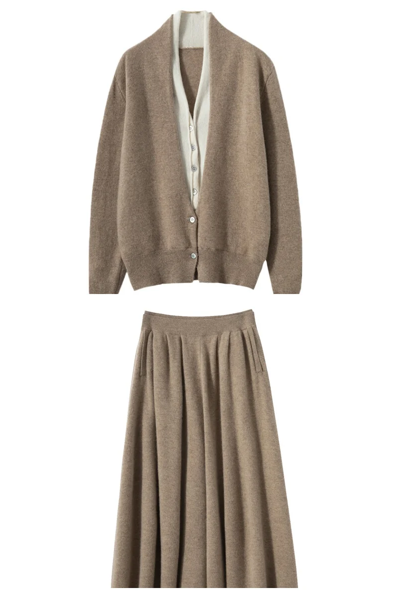 

Women's V-Neck Cardigan Sweater Half Skirt Suit Autumn Winter Two Pieces Set 100% Cashmere Knitwear Casual Grace A-Line Clothing
