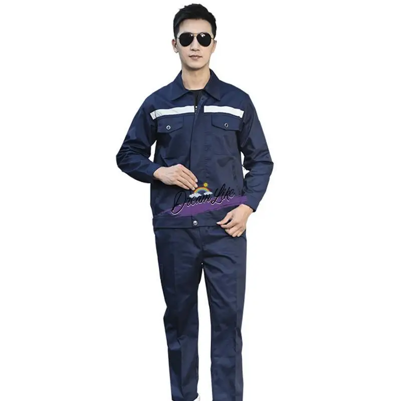 Męski zestaw roboczy na wiosnę/lato z długim rękawem, z odblaskowymi paskami, odporny na zużycie, młodzieżowy, z mieszanki bawełny i poliestru.