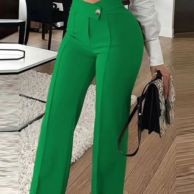 الخريف والشتاء السراويل النساء 2025 موضة تنوعا عادية مثير بأزرار مستقيم واسعة الساق العمل بنطلون ملابس الشارع الشهير