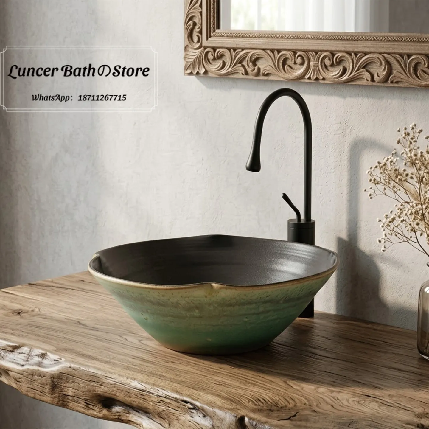 New Green Big Bowl Countertop Basin, MCM Ceramic Hand Wash Sink for Bathroom, High End Creative Small Size Vanity