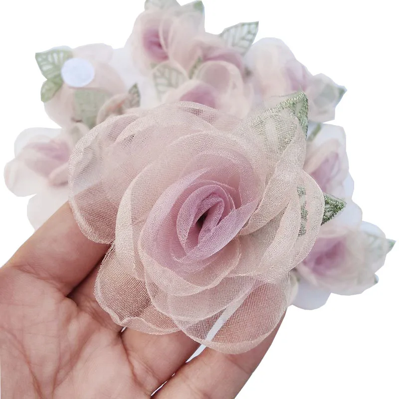 5Pcs/Lot Mesh Rose Yarn Silk Flower Patches With Leaves Handmade 3D Flower Hair Clip DIY Clothing Accessories