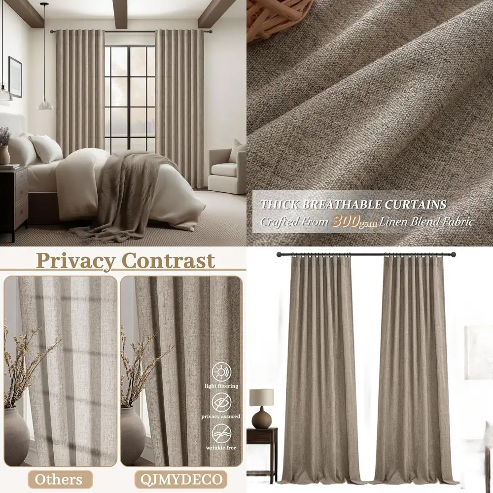 

Elegant Flax Beige Linen Sliding Door Curtains, 100 Long, 2-Panel Set, Light Filtering Privacy, for 52 Wide Windows with Tieback