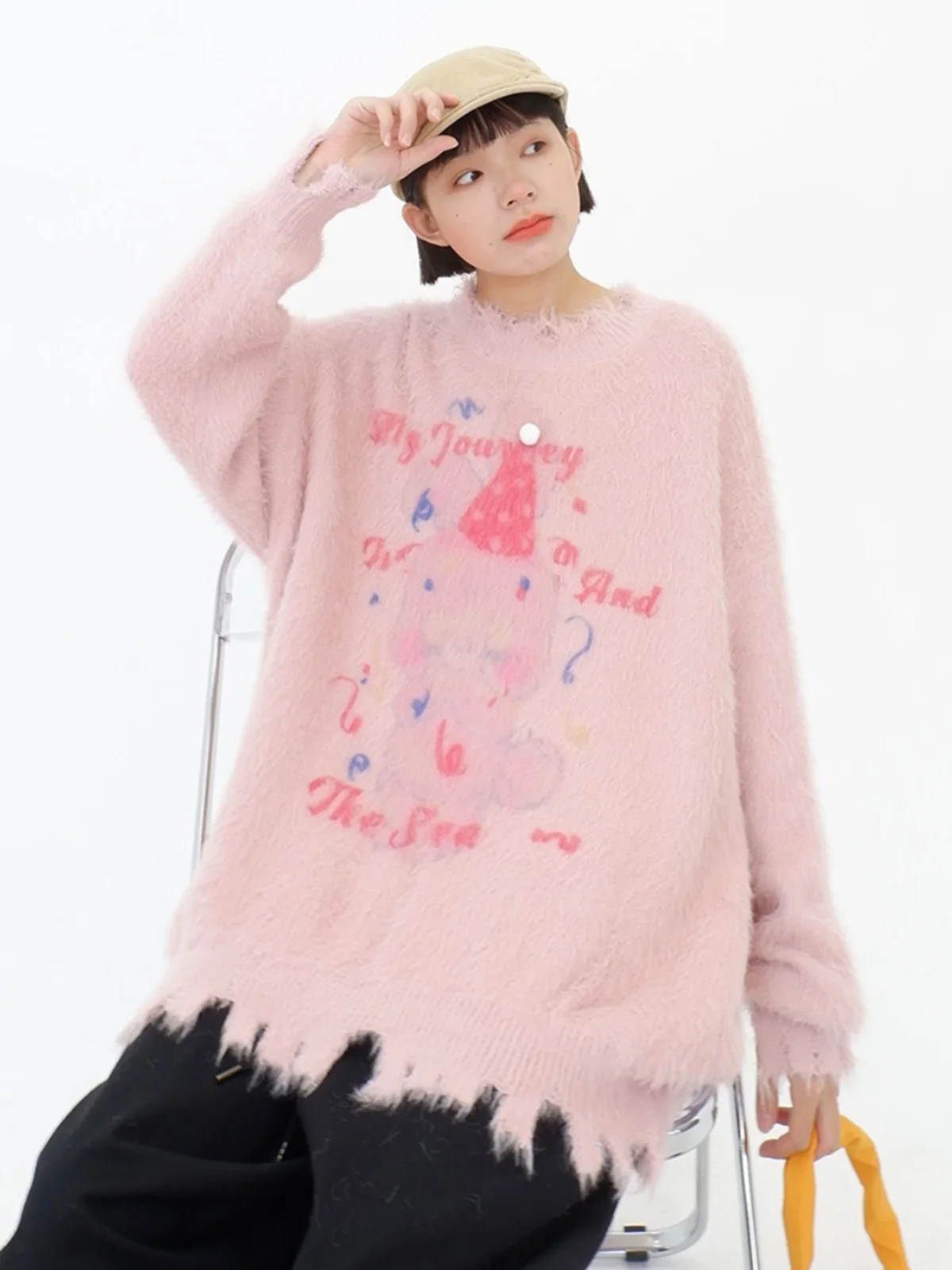 

Irregular Ragged Rabbit Sweaters Women's 2023 Autumn/Winter New Loose bf Japanese Cute Knitwear Trend