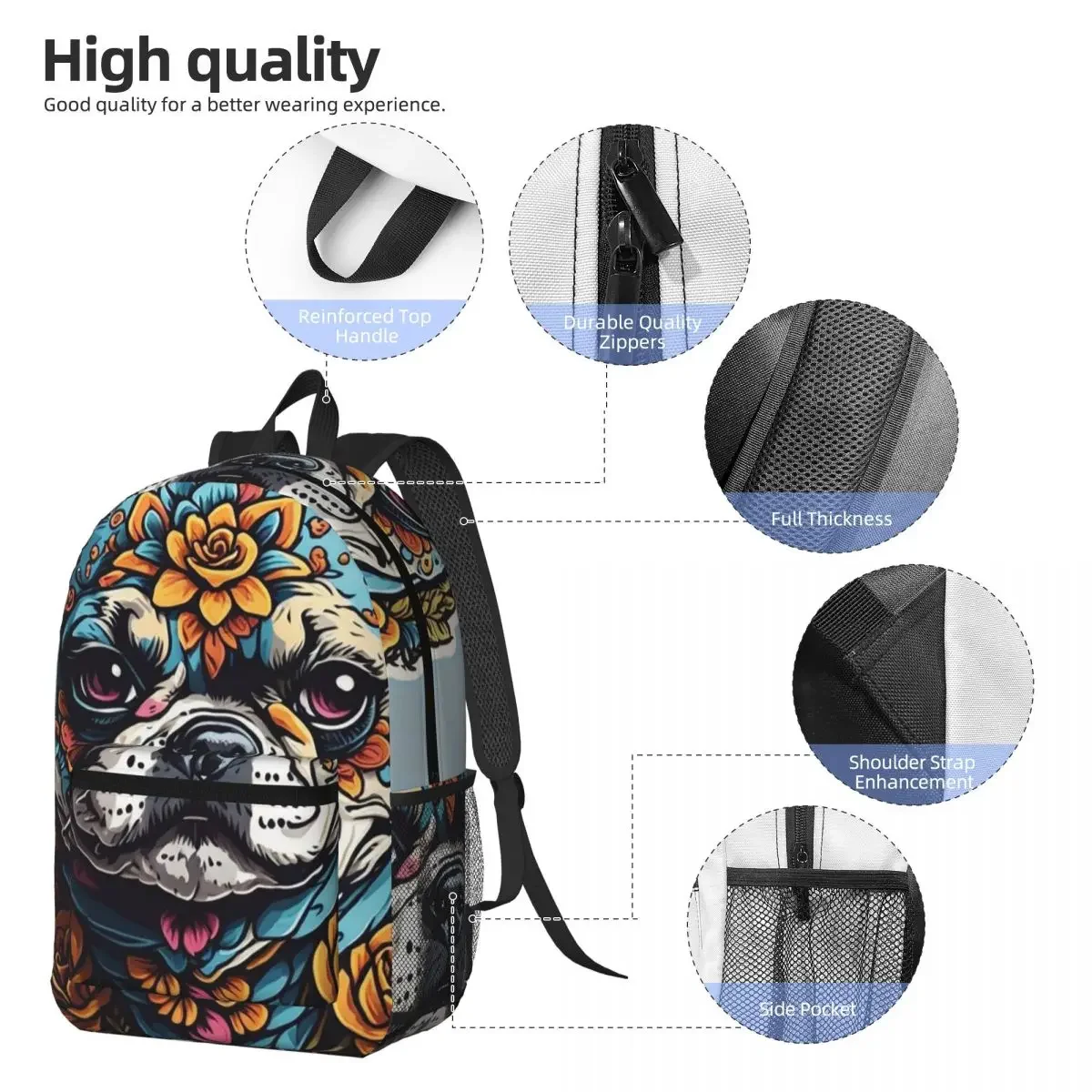 Colorful Flower French Bulldog Backpack Daypack Large Capacity Kids BookBag School Bag Shoulder Bags for Men Women