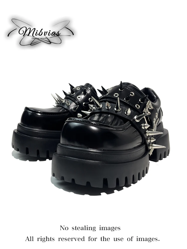 

Mib'Vias Original Punk Style Thick Bottom Platform Loafers Women's Spring 2025 Fashion Rivet Chain Embellished Slip-On Shoes