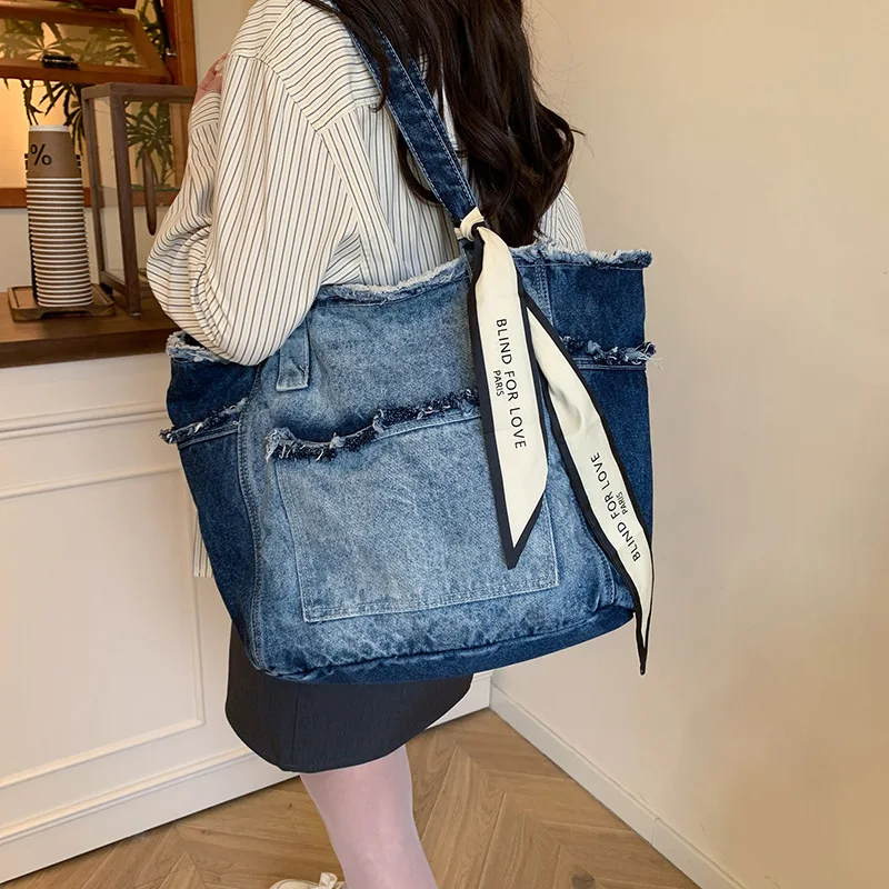 

Элегантная сумка-тоут из денима с эффектом потертости, на одно плечо, через плечо, в стиле ретро, большая вместимость, модная, для прогулок и поездок на работу