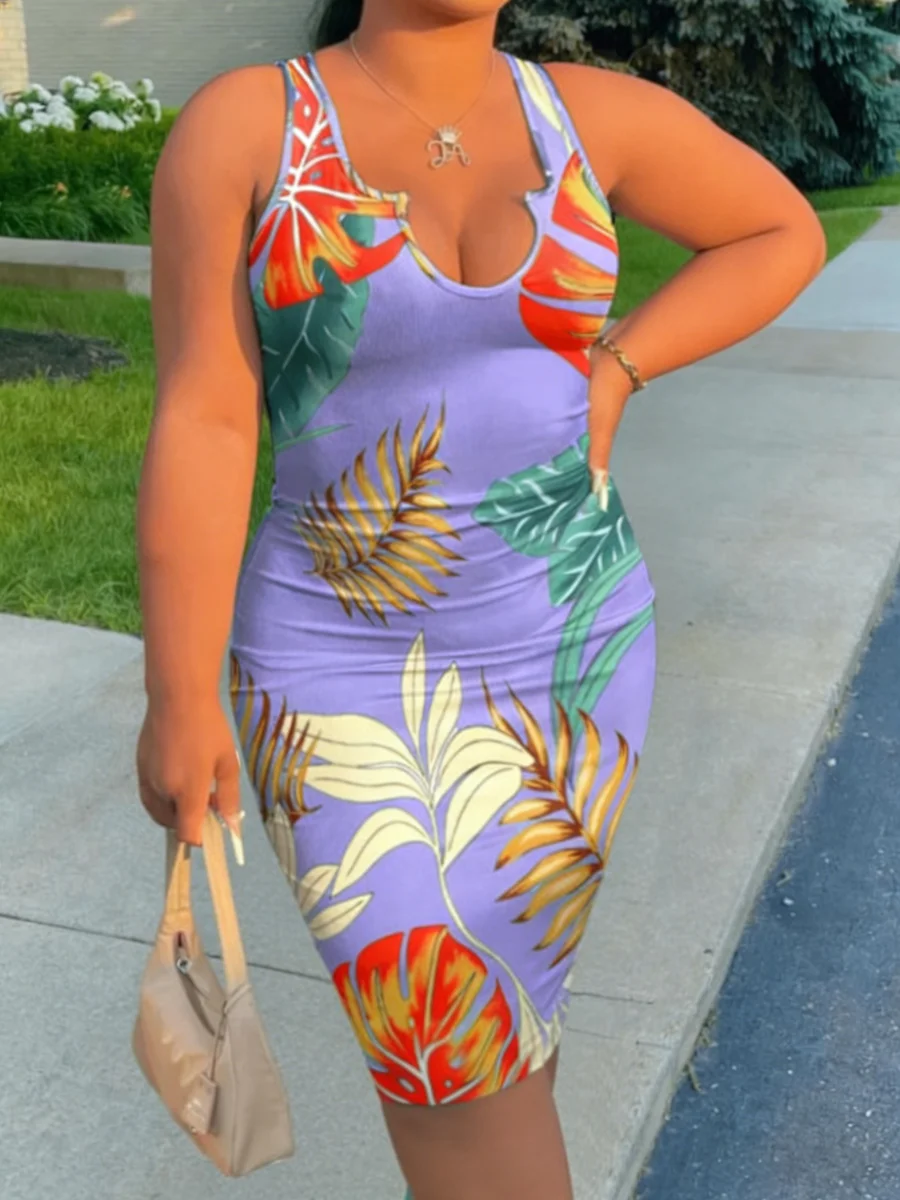 

Plus Size Women Dress Sleeveless U Neck Tropical Print Knit Bodycon Midi Dress Casual Spring Summer Chic Vacation Stretchy Dress