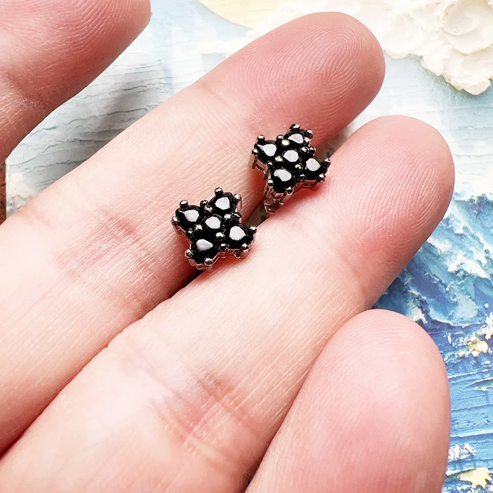 Stud Earrings Black Flower Europe Style Glam Fine Jewerly For Women Vintage Gift In 925 Sterling Silver
